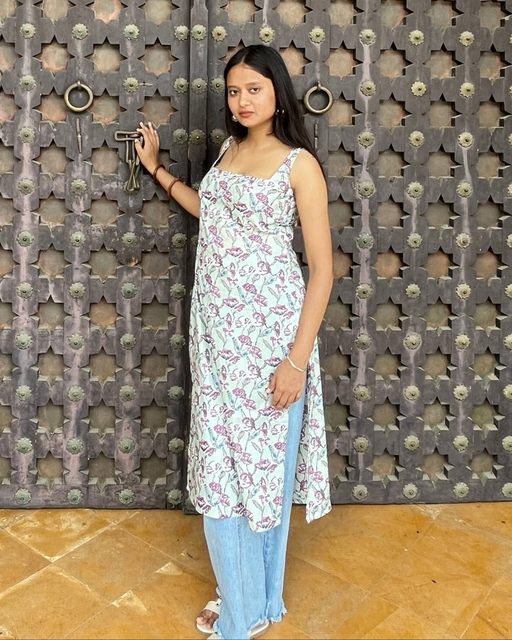 Nyra Pastel Jaal Cotton Printed Knee Length Pintresty Kurti With Beads Lace - Anasiya