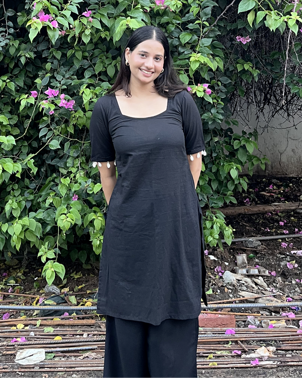 Shayra Black Plain Rayon Kurti With Beads On Sleeves