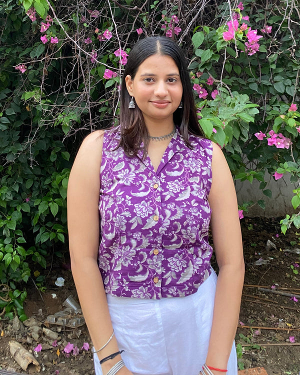 Seraya Purple Jaal Cotton Collar Crop Top - Anasiya