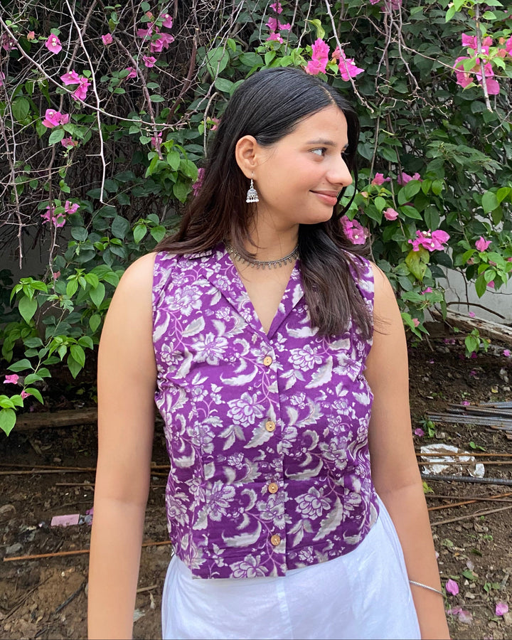 Seraya Purple Jaal Cotton Collar Crop Top - Anasiya