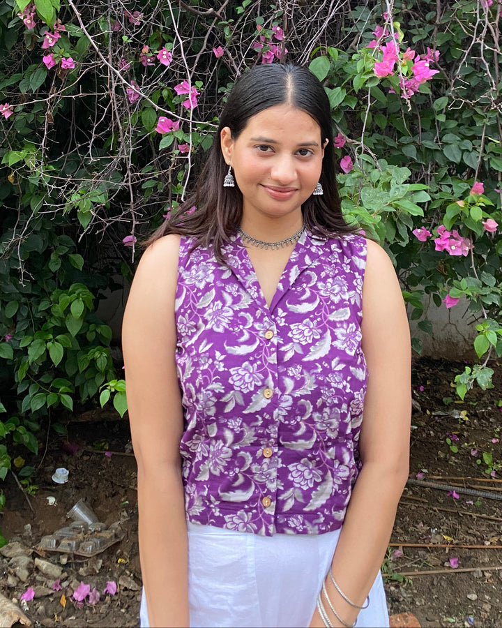 Seraya Purple Jaal Cotton Collar Crop Top - Anasiya