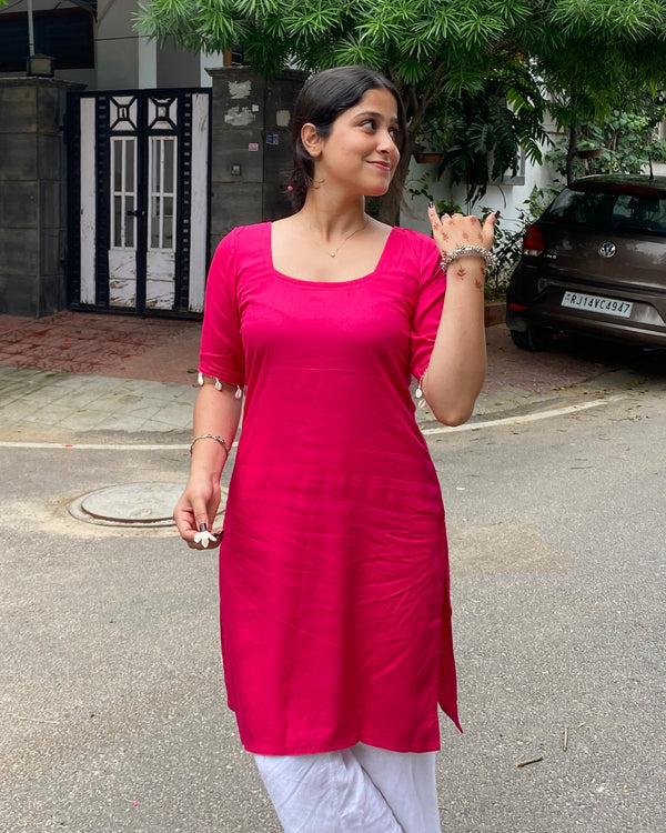 Shayra Pink Plain Rayon Kurti With Beads On Sleeves