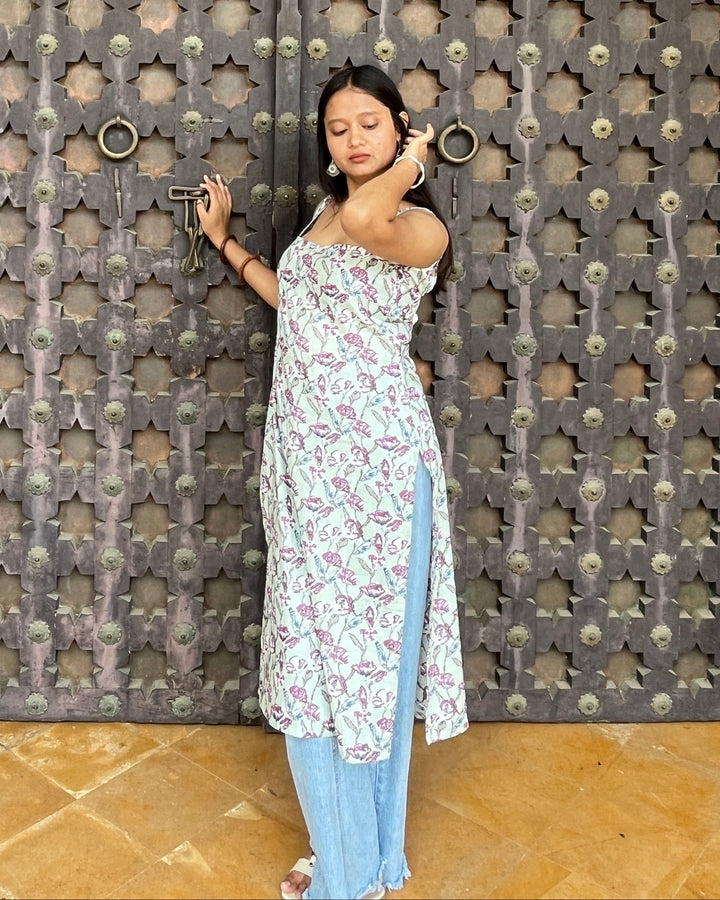 Nyra Pastel Jaal Cotton Printed Knee Length Pintresty Kurti With Beads Lace - Anasiya