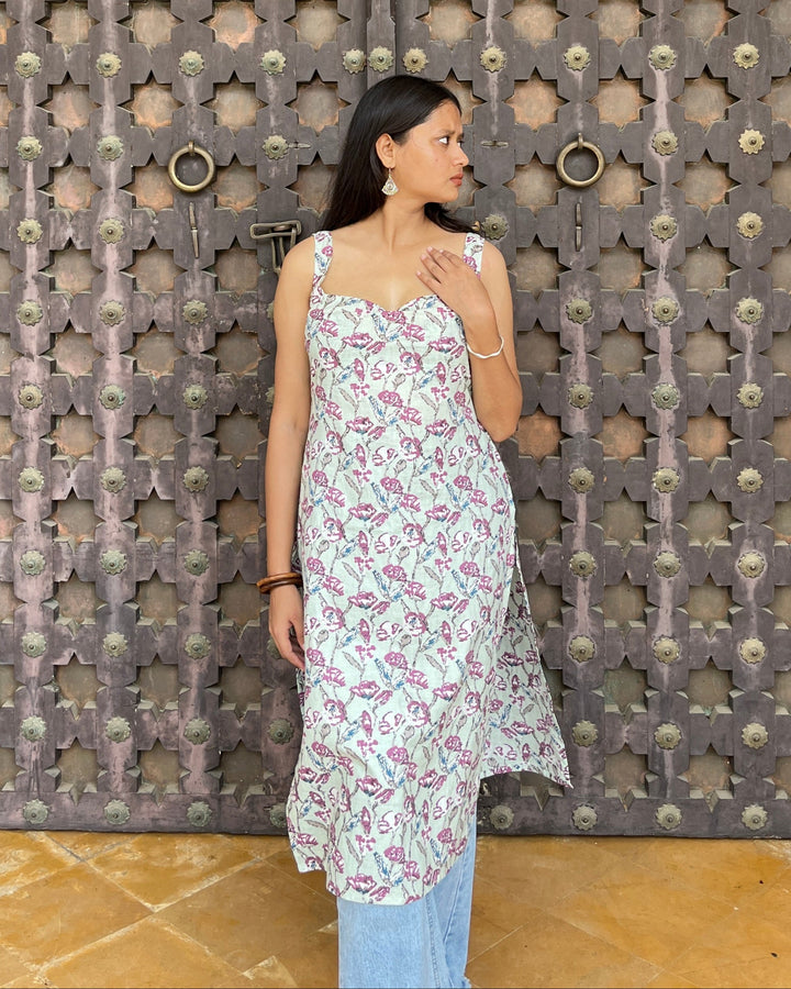 Nyra Pastel Jaal Cotton Printed Knee Length Pintresty Kurti With Beads Lace - Anasiya