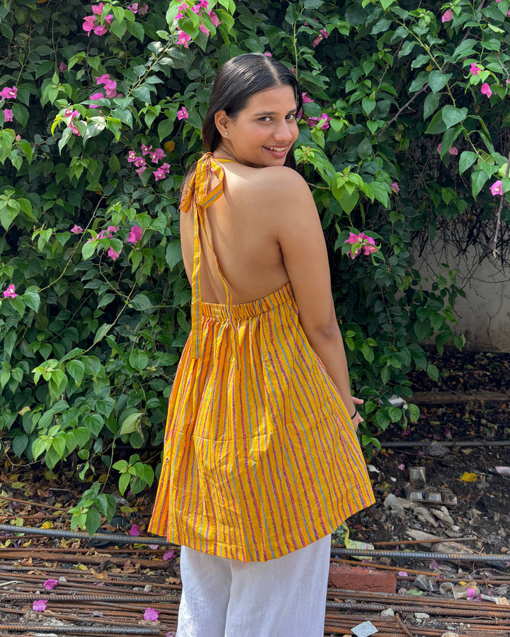 Aavya Yellow Stripes Cotton Printed Pintresty Halter Neck Top - Anasiya