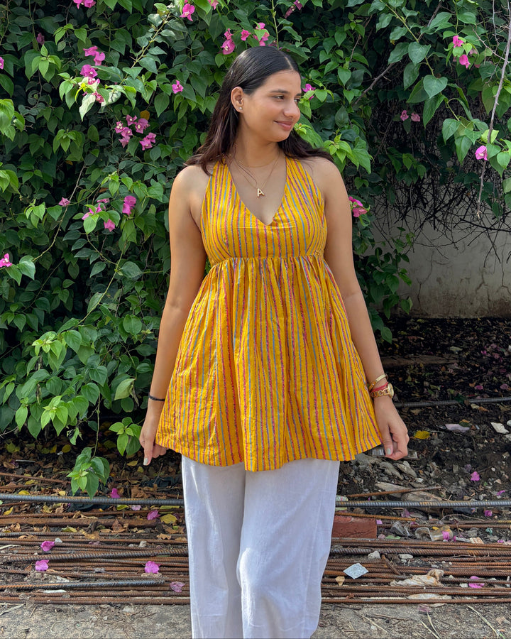 Aavya Yellow Stripes Cotton Printed Pintresty Halter Neck Top - Anasiya