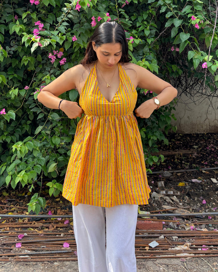 Aavya Yellow Stripes Cotton Printed Pintresty Halter Neck Top - Anasiya