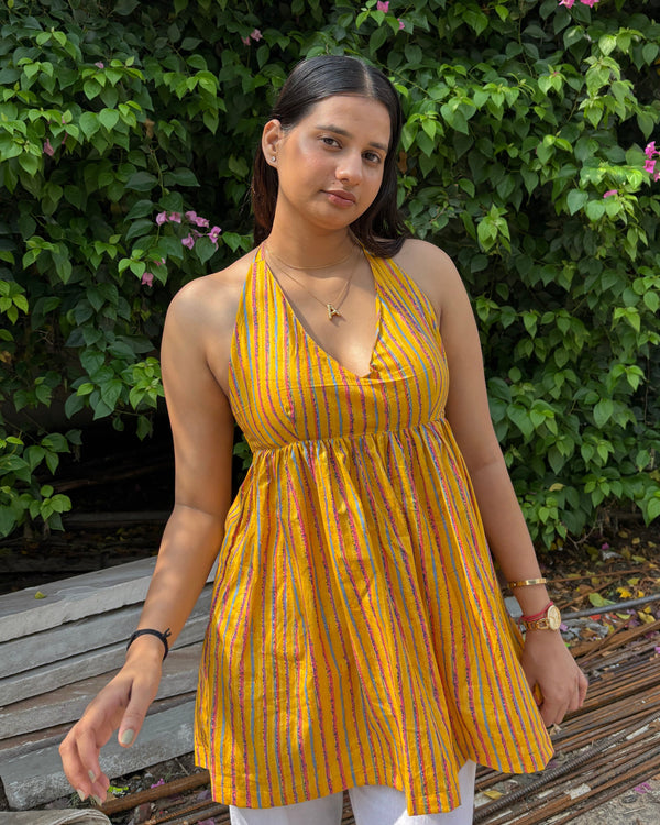 Aavya Yellow Stripes Cotton Printed Pintresty Halter Neck Top - Anasiya