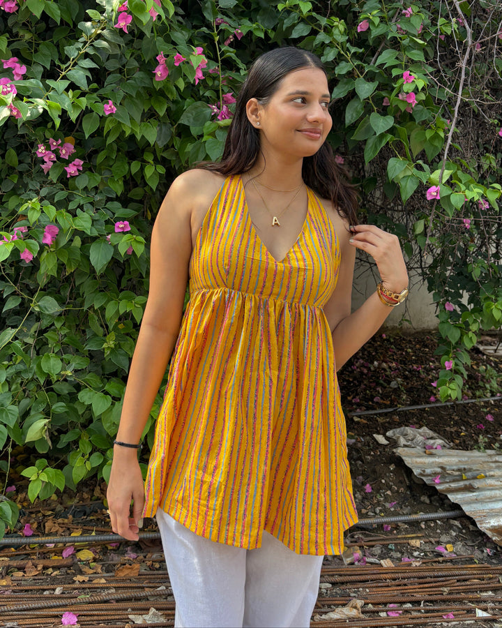 Aavya Yellow Stripes Cotton Printed Pintresty Halter Neck Top - Anasiya