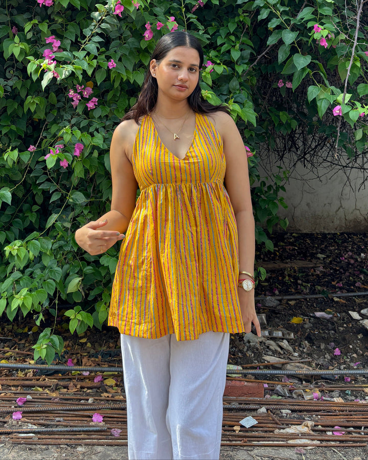 Aavya Yellow Stripes Cotton Printed Pintresty Halter Neck Top - Anasiya