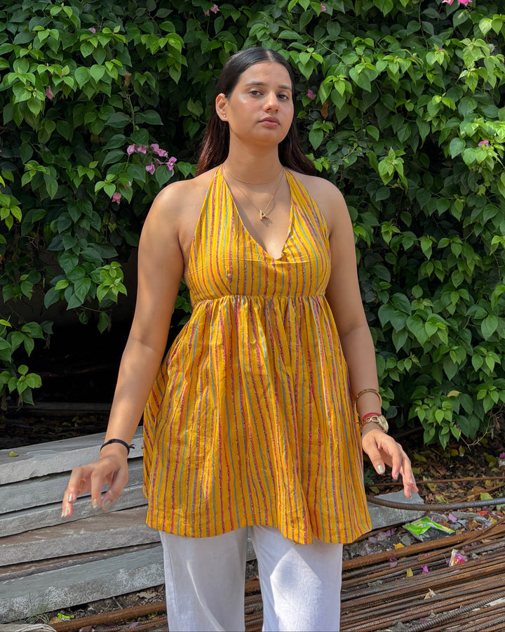Aavya Yellow Stripes Cotton Printed Pintresty Halter Neck Top - Anasiya