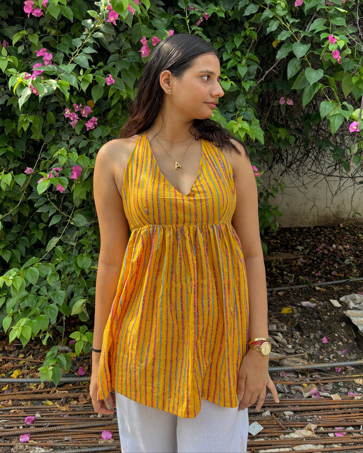 Aavya Yellow Stripes Cotton Printed Pintresty Halter Neck Top - Anasiya