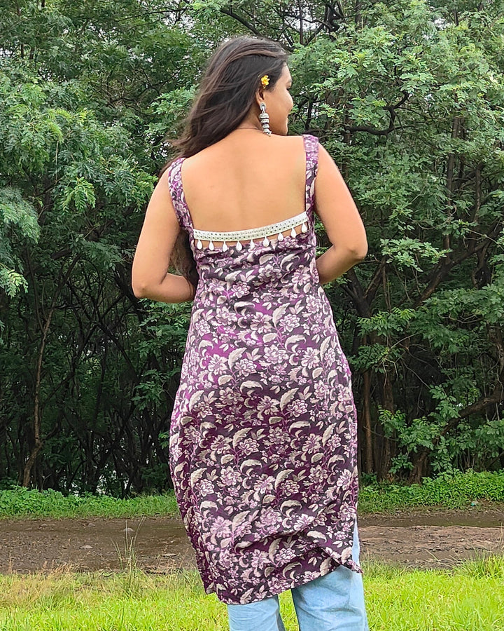Nyra Purple Jaal Cotton Printed Knee Length Pintresty Kurti With Beads Lace - Anasiya