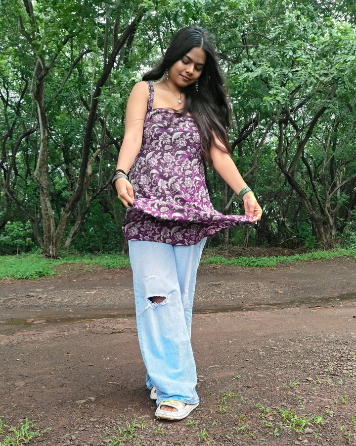 Nyra Purple Jaal Cotton Printed Knee Length Pintresty Kurti With Beads Lace - Anasiya