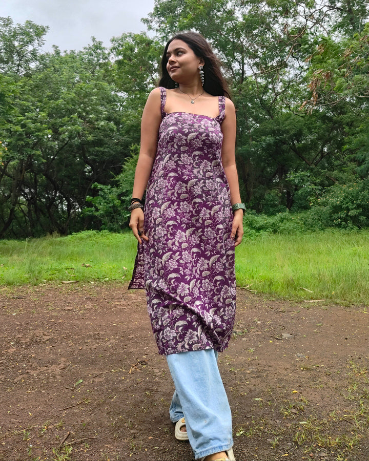 Nyra Purple Jaal Cotton Printed Knee Length Pintresty Kurti With Beads Lace - Anasiya