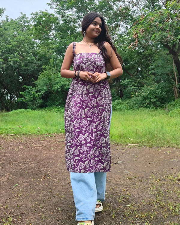 Nyra Purple Jaal Cotton Printed Knee Length Pintresty Kurti With Beads Lace - Anasiya