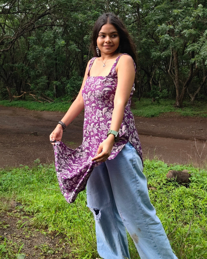 Nyra Purple Jaal Cotton Printed Knee Length Pintresty Kurti With Beads Lace - Anasiya