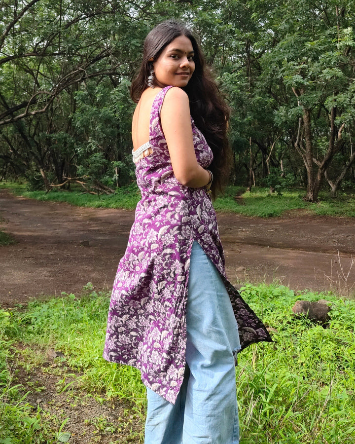 Nyra Purple Jaal Cotton Printed Knee Length Pintresty Kurti With Beads Lace - Anasiya