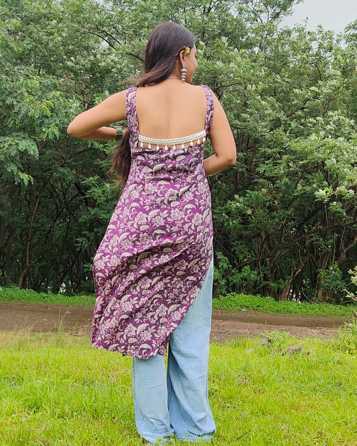 Nyra Purple Jaal Cotton Printed Knee Length Pintresty Kurti With Beads Lace - Anasiya