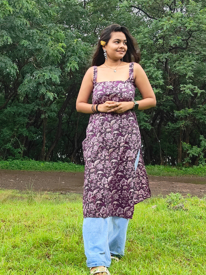 Nyra Purple Jaal Cotton Printed Knee Length Pintresty Kurti With Beads Lace - Anasiya