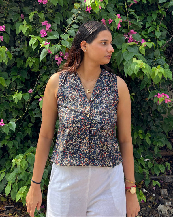Seraya Blue Ajrakh Cotton Collar Crop Top - Anasiya