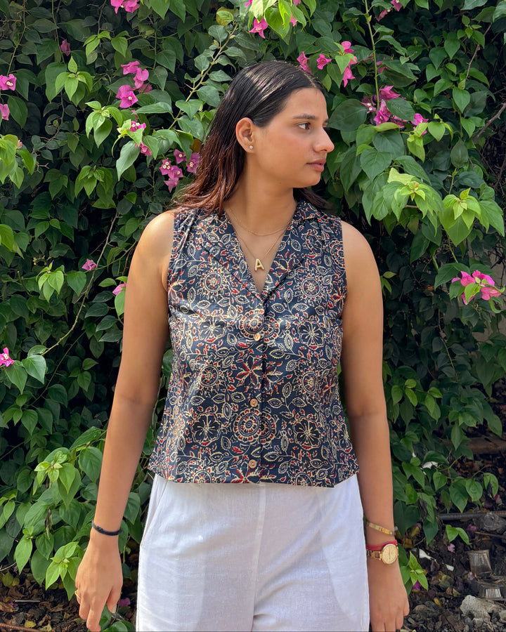 Seraya Blue Ajrakh Cotton Collar Crop Top - Anasiya