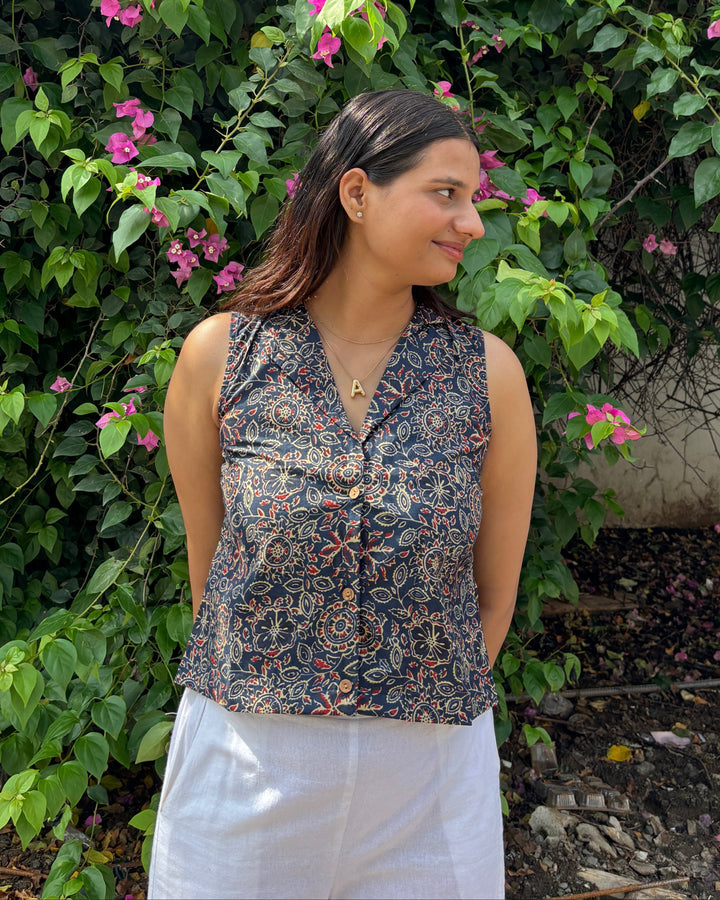 Seraya Blue Ajrakh Cotton Collar Crop Top - Anasiya