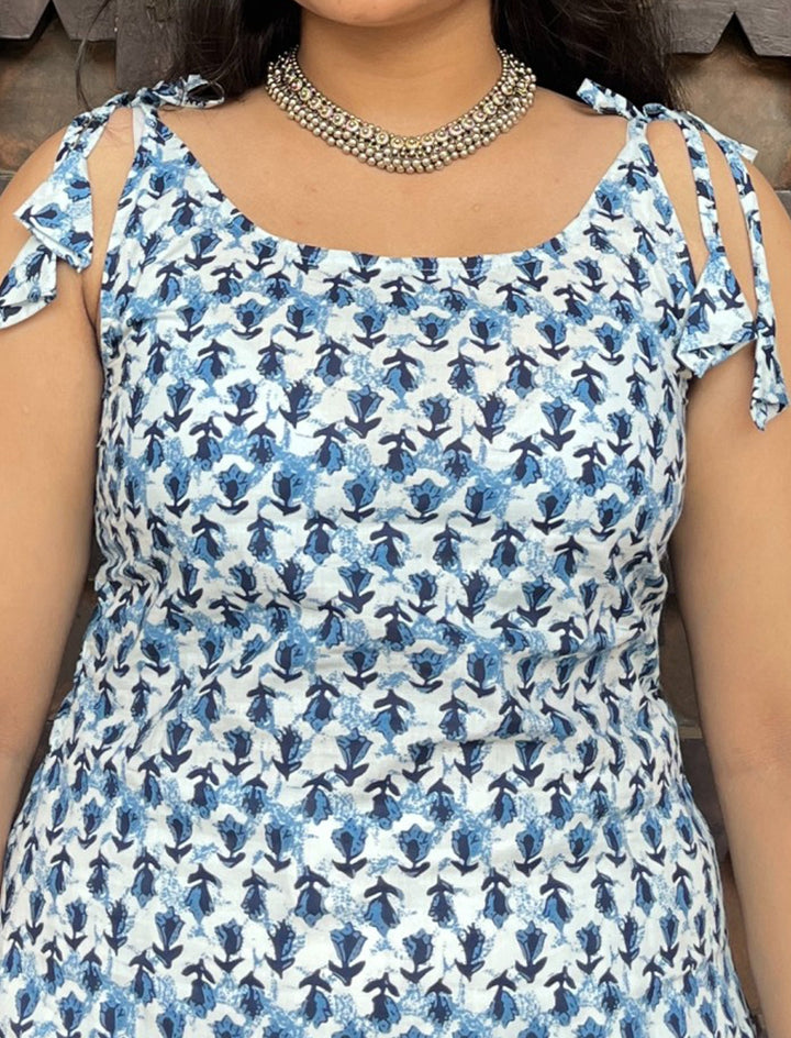 Alvara Blue Sanganeri Print Shoulder Tie Cotton Top - Anasiya