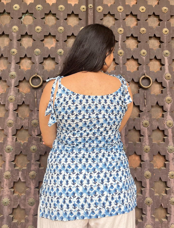Alvara Blue Sanganeri Print Shoulder Tie Cotton Top - Anasiya