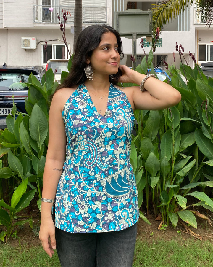 Savera Teal Cotton Print Halter Neck Corset Back Top - Anasiya