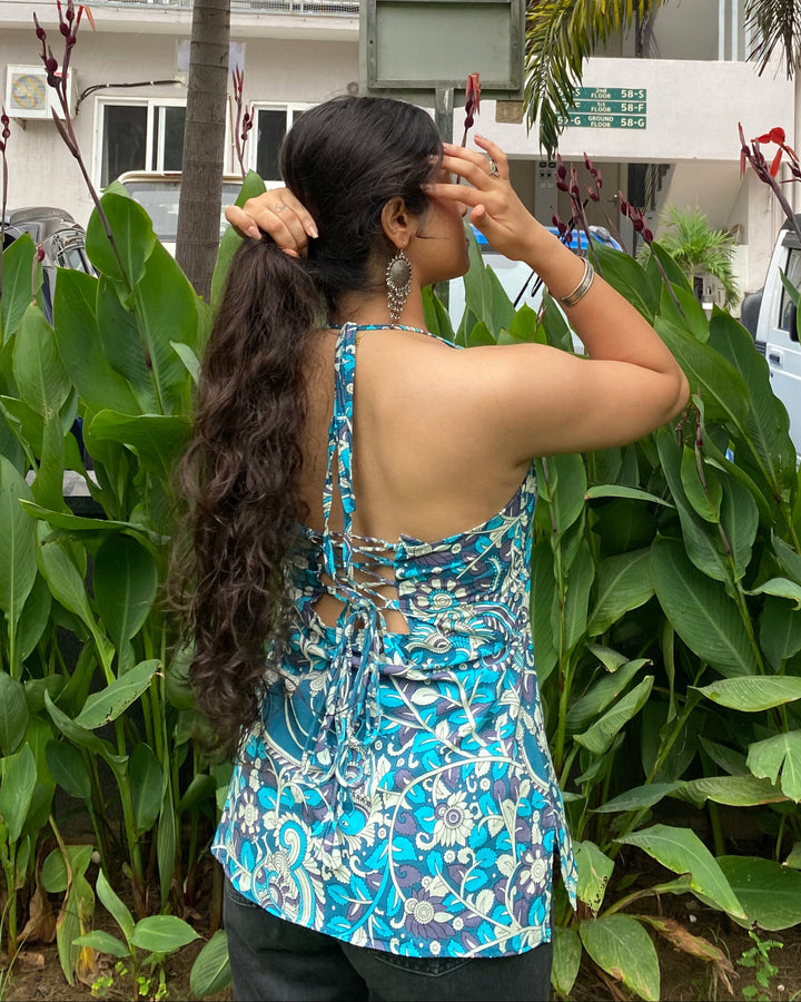 Savera Teal Cotton Print Halter Neck Corset Back Top - Anasiya