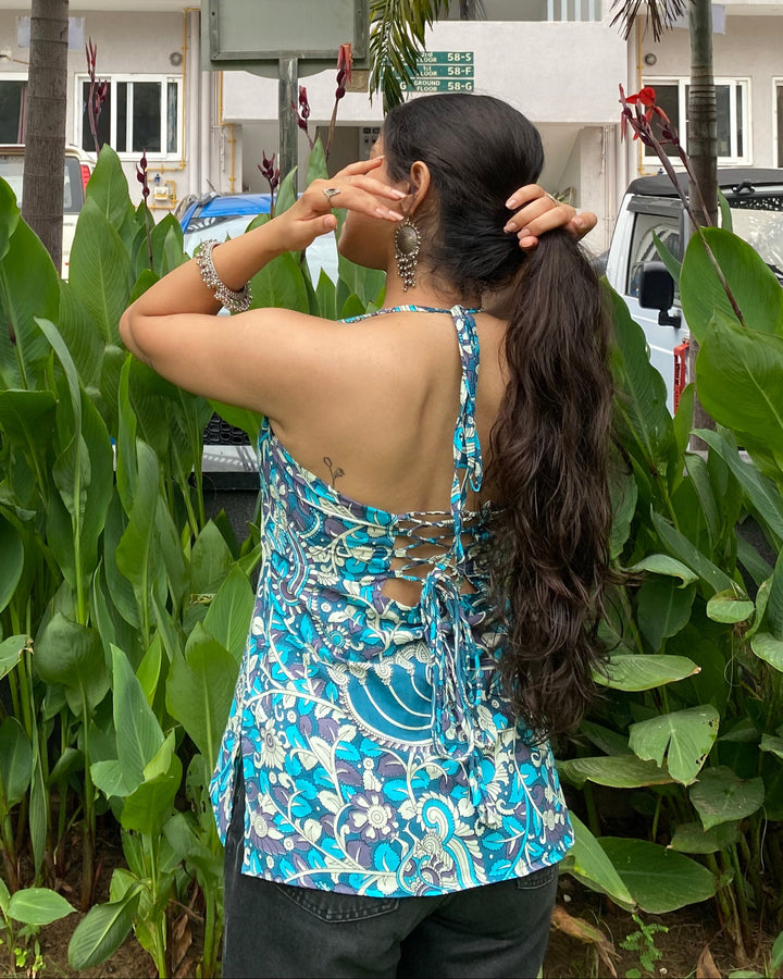 Savera Teal Cotton Print Halter Neck Corset Back Top - Anasiya