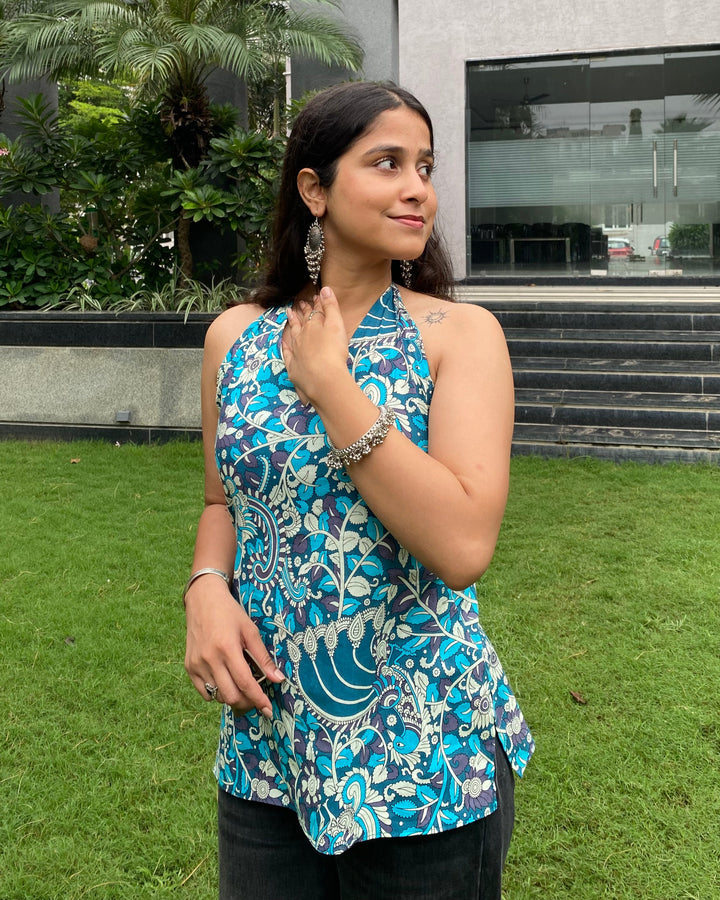 Savera Teal Cotton Print Halter Neck Corset Back Top - Anasiya