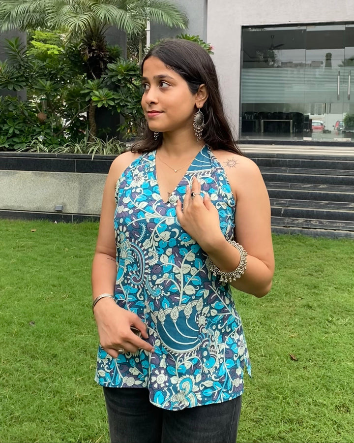 Savera Teal Cotton Print Halter Neck Corset Back Top - Anasiya