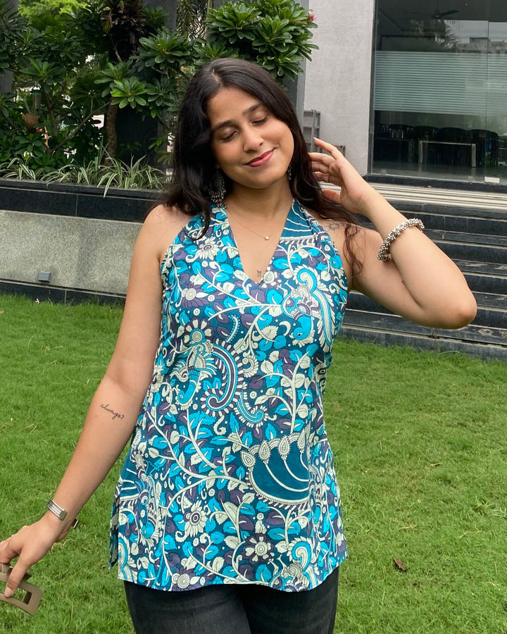 Savera Teal Cotton Print Halter Neck Corset Back Top - Anasiya