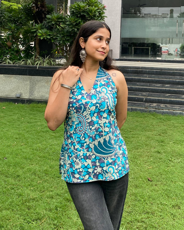 Savera Teal Cotton Print Halter Neck Corset Back Top - Anasiya