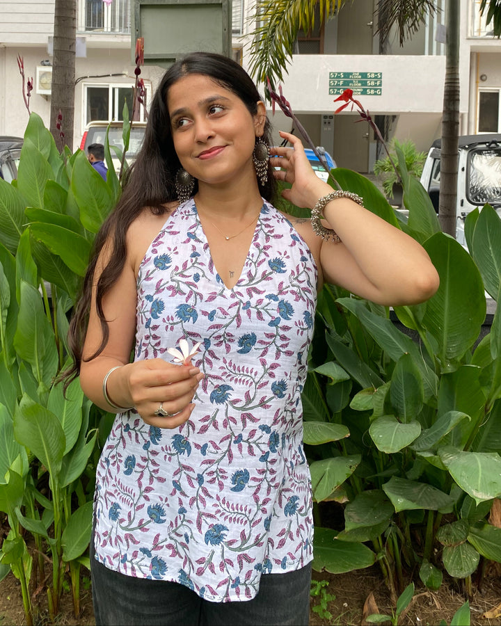 Savera White Cotton Print Halter Neck Corset Back Top - Anasiya