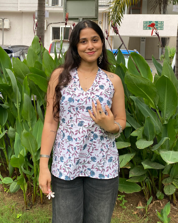 Savera White Cotton Print Halter Neck Corset Back Top - Anasiya