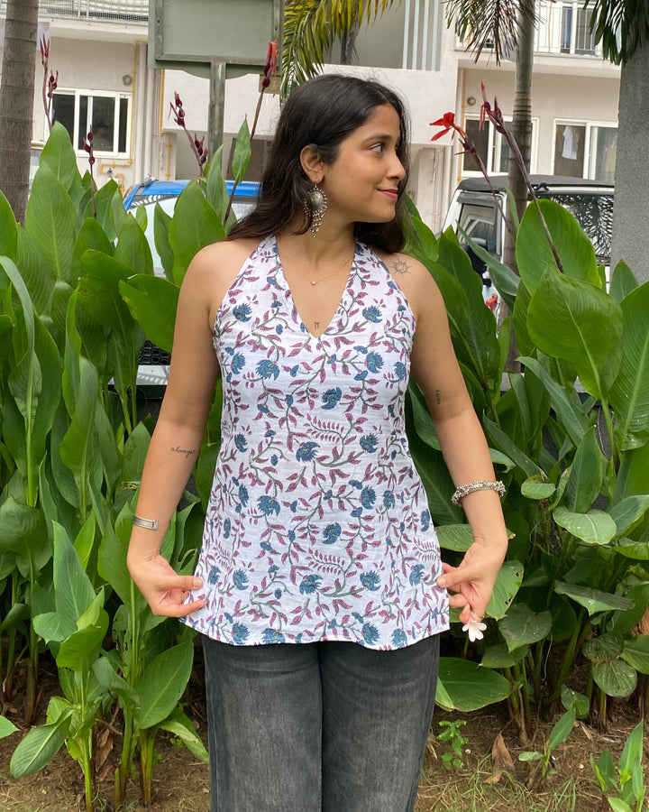 Savera White Cotton Print Halter Neck Corset Back Top - Anasiya