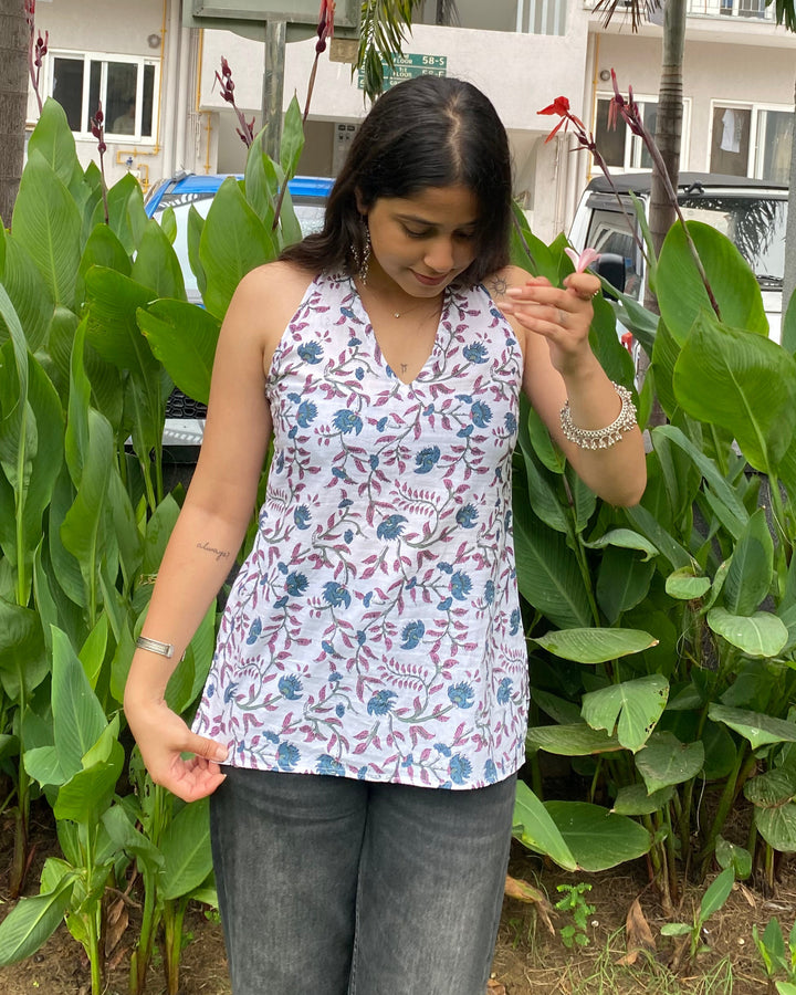 Savera White Cotton Print Halter Neck Corset Back Top - Anasiya