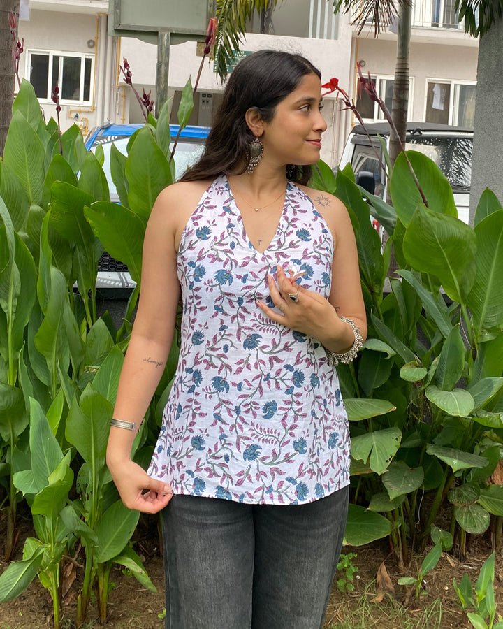 Savera White Cotton Print Halter Neck Corset Back Top - Anasiya