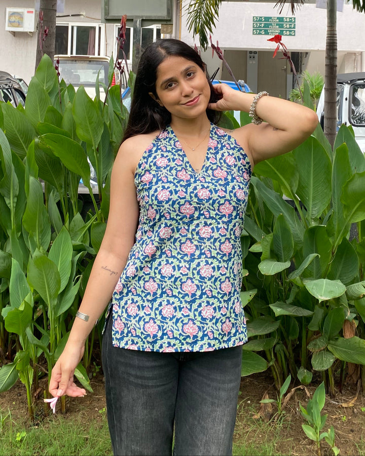 Savera Blue Cotton Print Halter Neck Corset Back Top - Anasiya