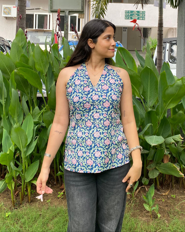 Savera Blue Cotton Print Halter Neck Corset Back Top - Anasiya