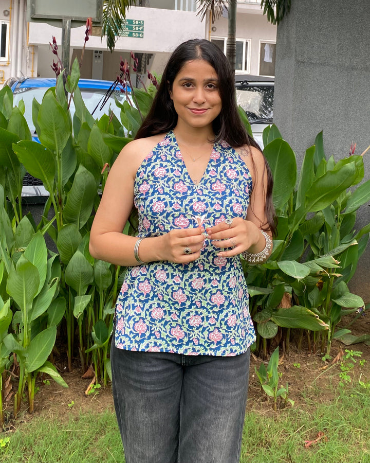 Savera Blue Cotton Print Halter Neck Corset Back Top - Anasiya