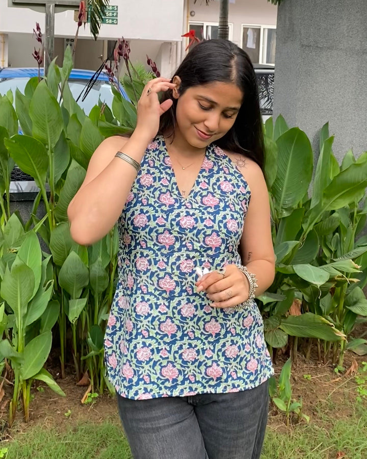 Savera Blue Cotton Print Halter Neck Corset Back Top - Anasiya