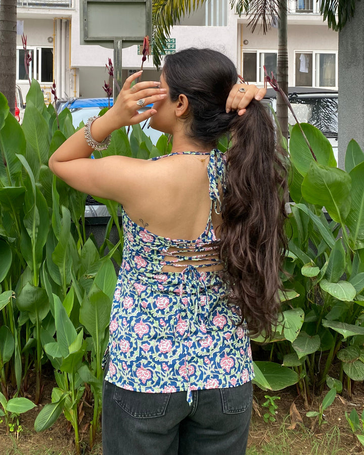Savera Blue Cotton Print Halter Neck Corset Back Top - Anasiya