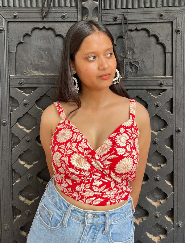 Kanira Red Sunflower Cotton Printed Wrap Top - Anasiya