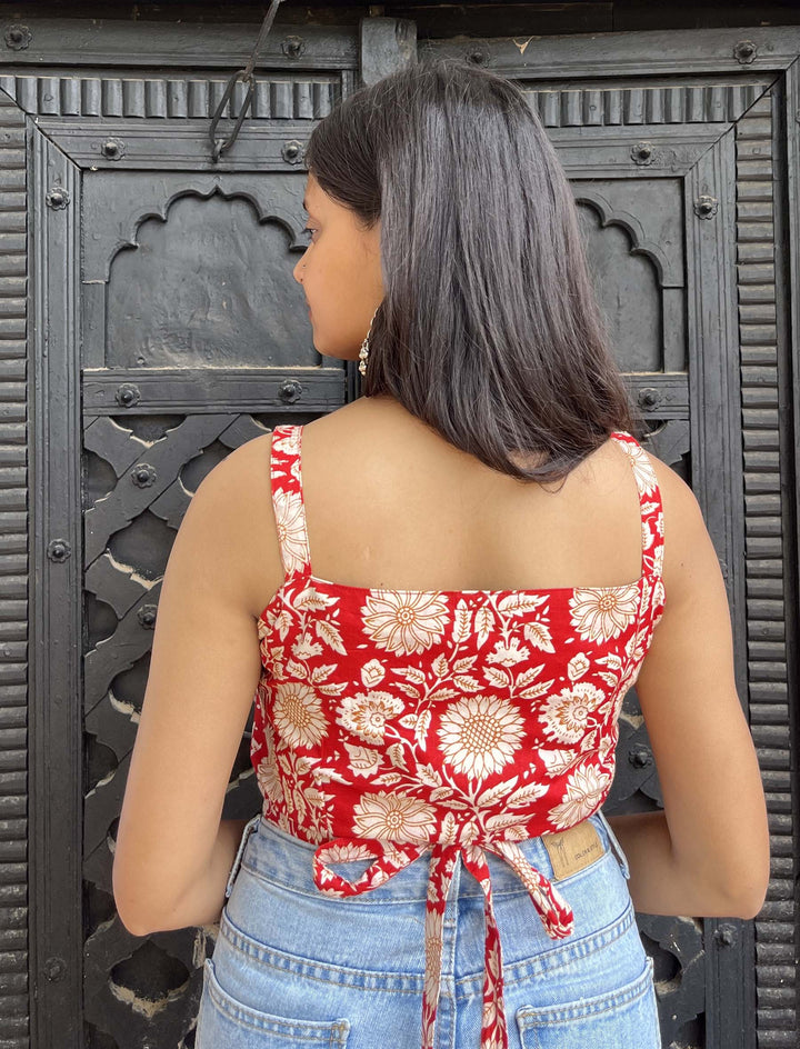 Kanira Red Sunflower Cotton Printed Wrap Top - Anasiya