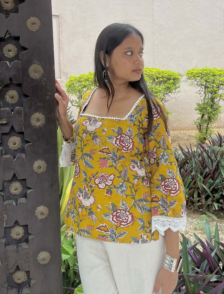 Amaira Yellow Jaal Printed Cotton Square Neck Pintresty Top - Anasiya