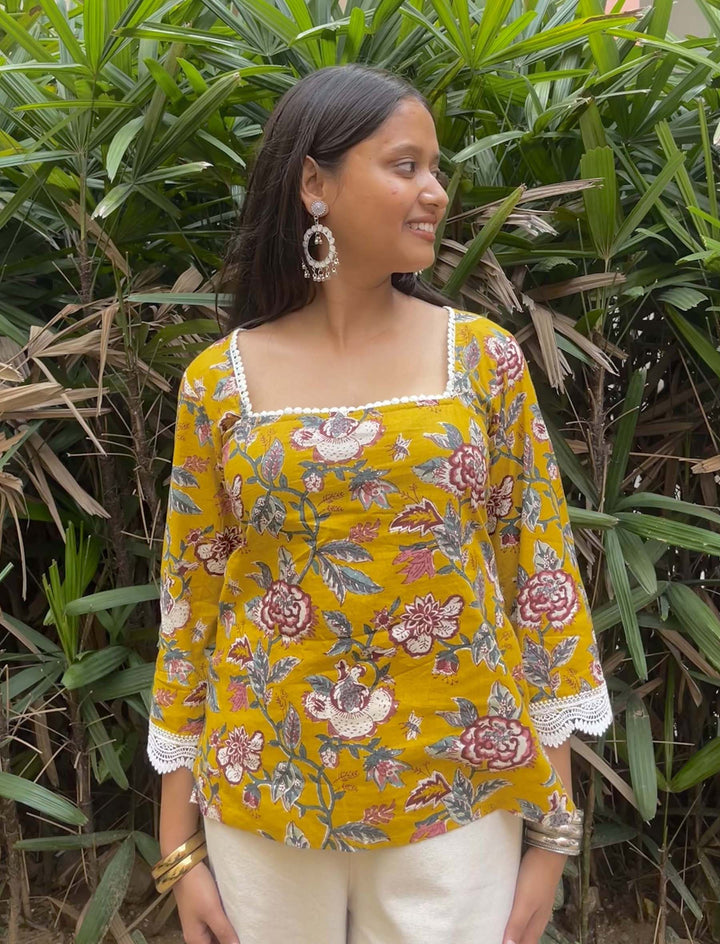 Amaira Yellow Jaal Printed Cotton Square Neck Pintresty Top - Anasiya
